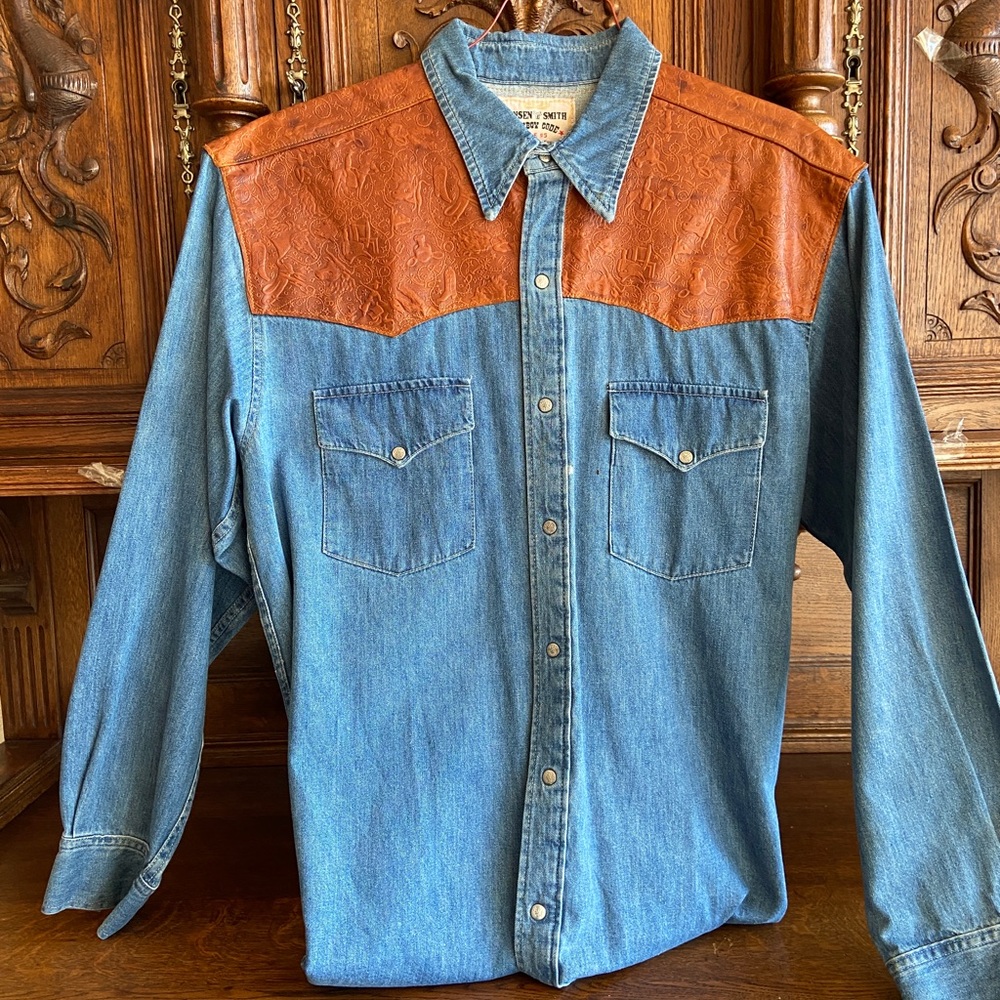 Men's Denim and Brown Western Shirt
